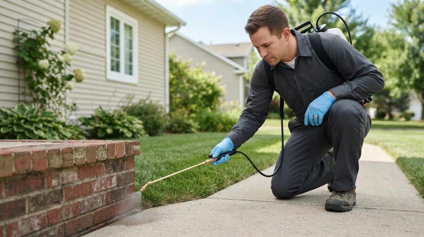 Pest control technician treating a home near Shelburn, IN