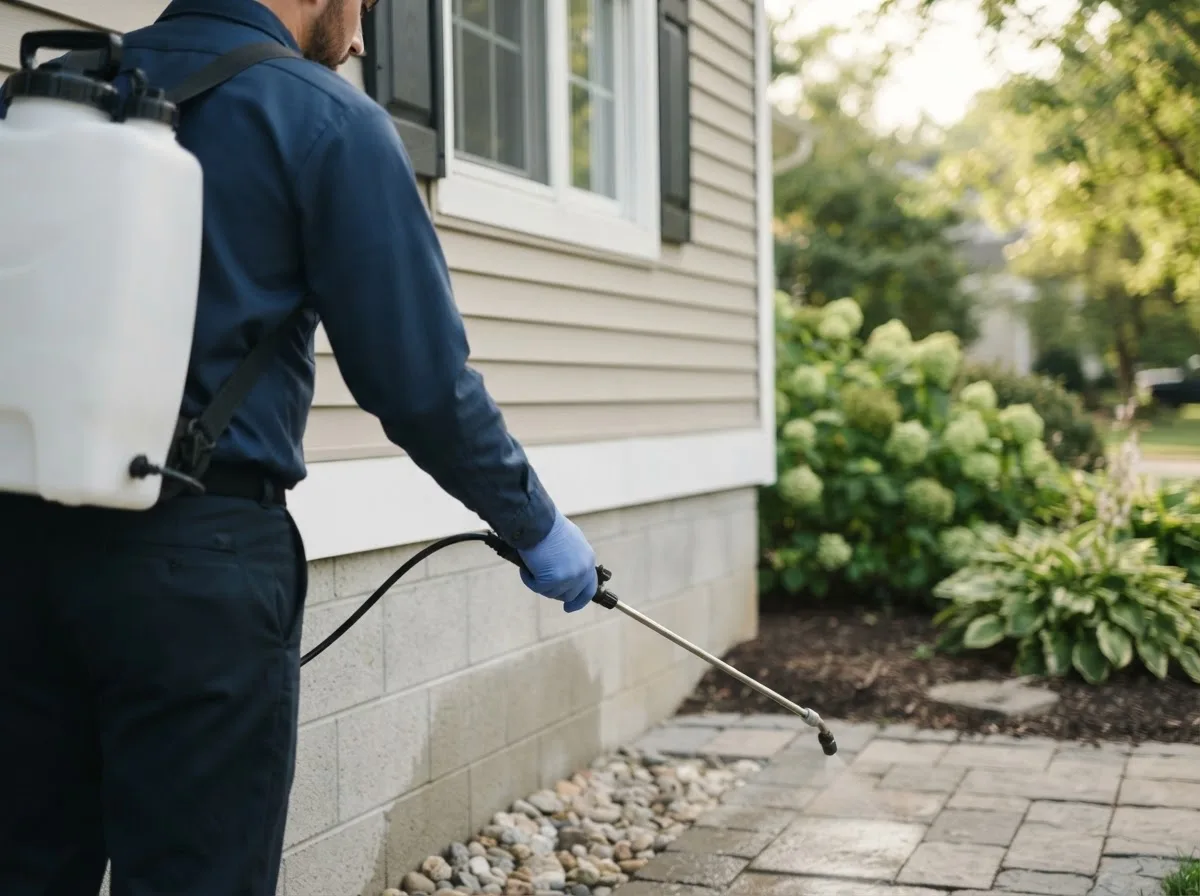 Pest control technician inspecting a home in Shelburn, IN